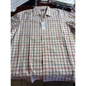 Club Room Mens XXL Stretch Short Sleeve Plaid Button Down Shirt Cream Red Blue